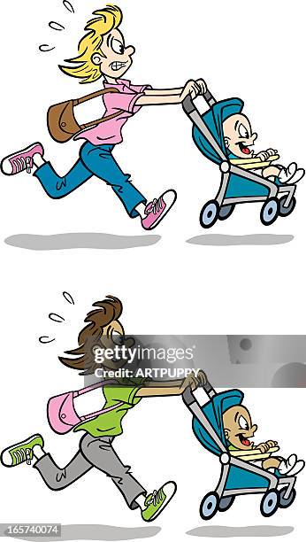 running mom - balancing act cartoon stock illustrations