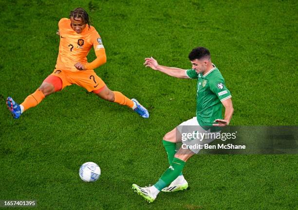 Dublin , Ireland - 10 September 2023; John Egan of Republic of Ireland in action against Xavi Simons of Netherlands during the UEFA EURO 2024...