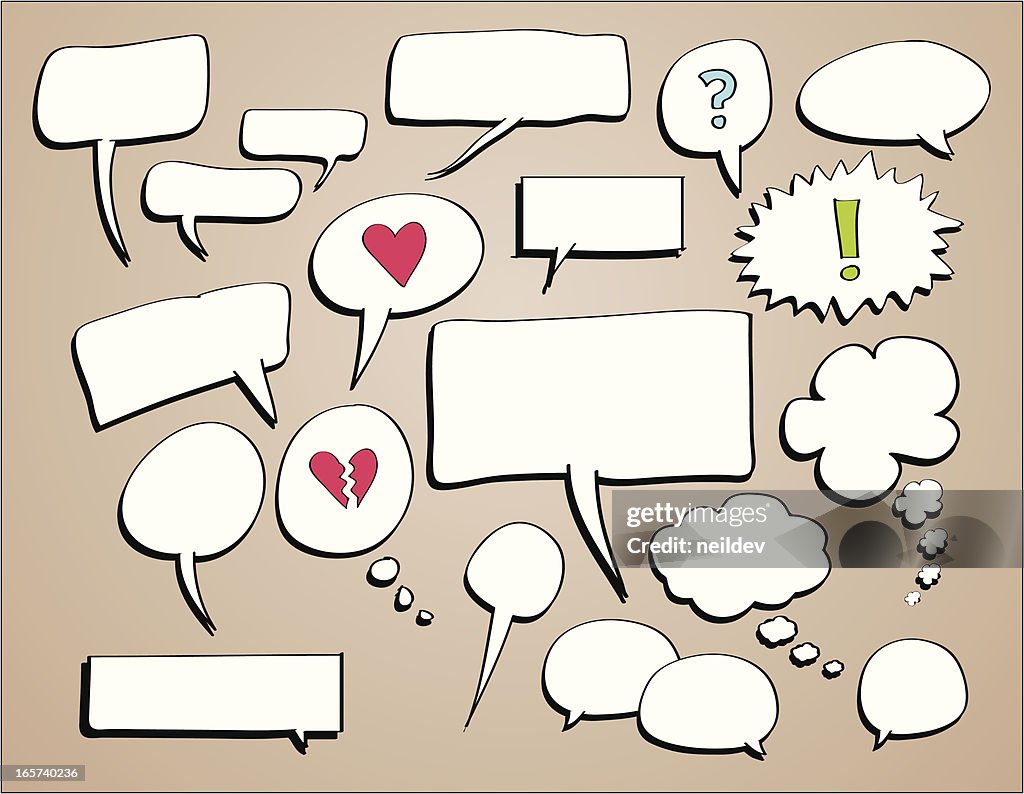 Doodle sketches of speech and thought bubbles