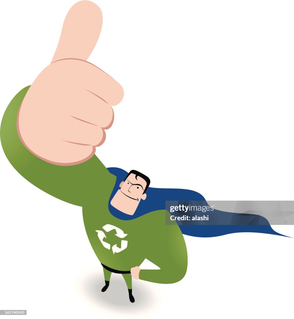 Smiling Superhero Looking Upward And Gesturing Thumbs Up