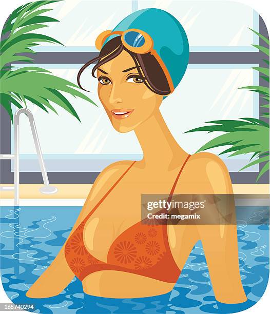 woman at the swimming pool. - swimming cap stock illustrations