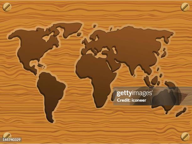 world map in wooden style - screw stock illustrations