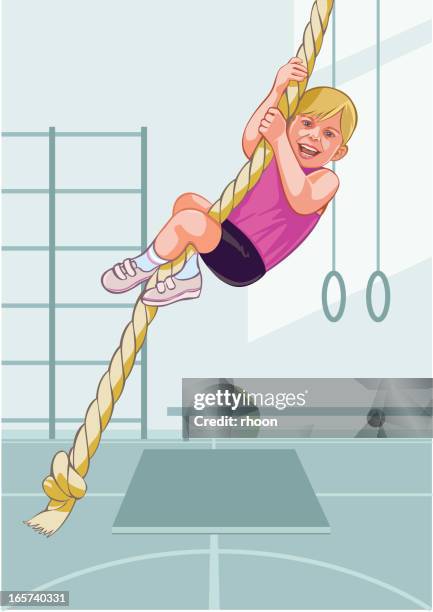 child hanging in a gymnastic rope - children gymnastics stock illustrations