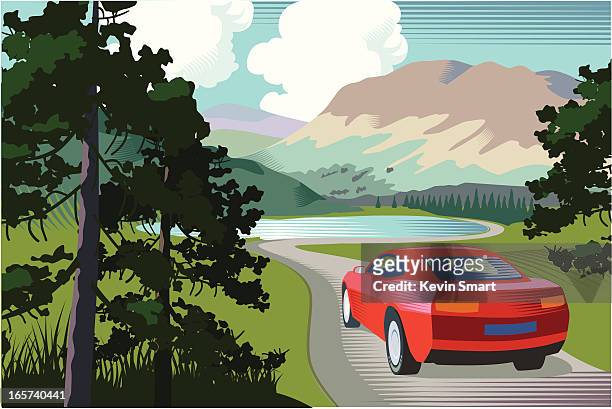mountain road with lake and car - 自駕遊 幅插畫檔、美工圖案、卡通及圖標