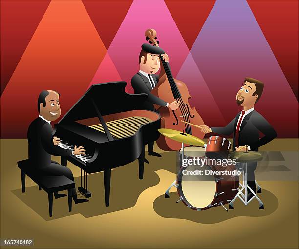 ilustraciones, imágenes clip art, dibujos animados e iconos de stock de trío de jazz en el club nocturno - platillos bateria