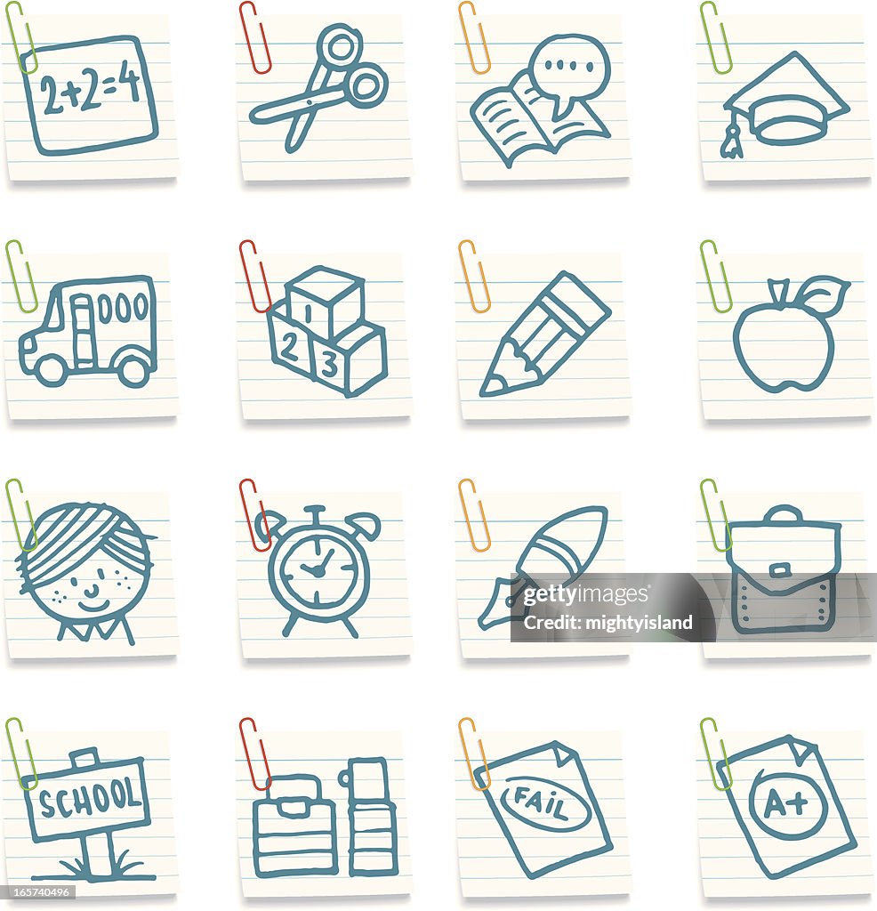 School icon set on paper clip notes