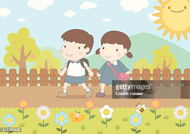 boy and girl going to school - girls school uniform stock illustrations
