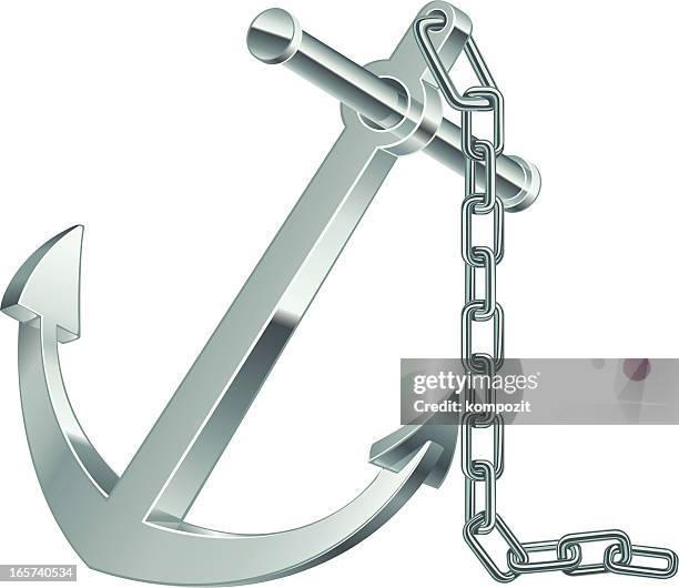 a shiny 3d silver anchor and chain - anchored concept stock illustrations