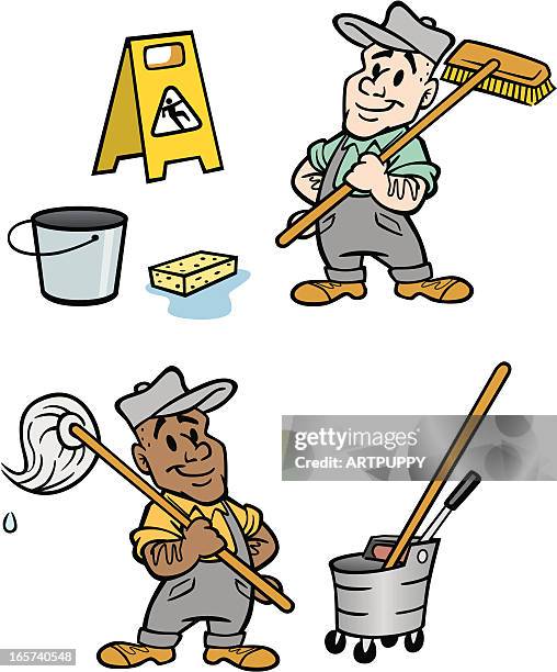 two janitors - man mop stock illustrations