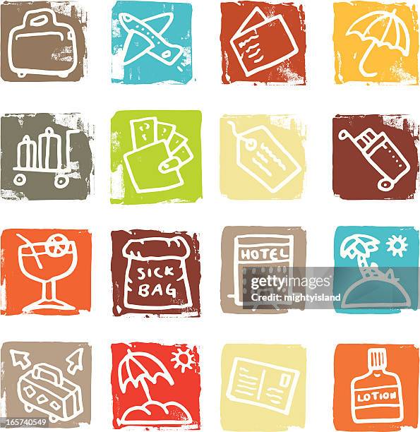 ilustraciones, imágenes clip art, dibujos animados e iconos de stock de bloques de iconos de vacaciones y viajes - sick bag