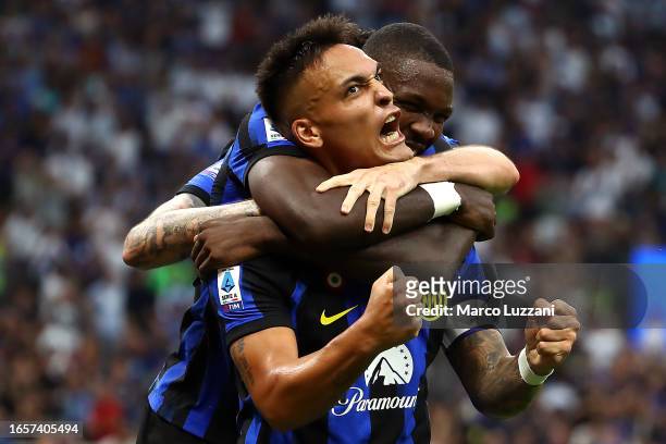 Lautaro Martinez of Inter Milan celebrates after scoring the team's second goal during the Serie A TIM match between FC Internazionale and ACF...