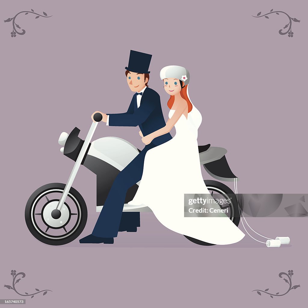 Newlywed Biker bride and groom on Motorcycle