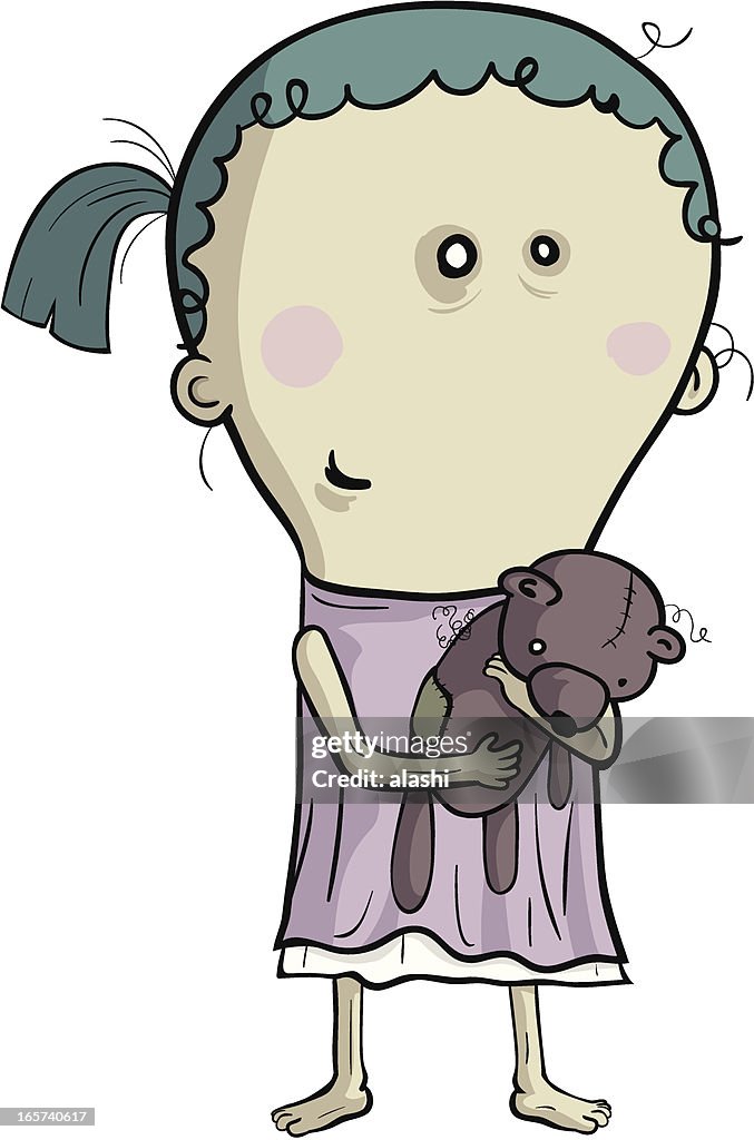 Ruínas Emaciated garota segurando uma boneca de pelúcia