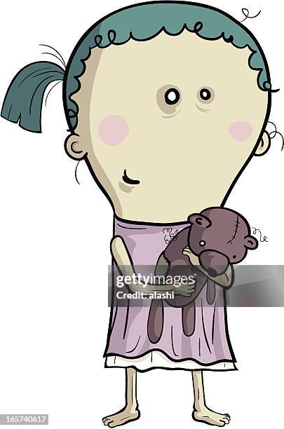 emaciated girl holding a shabby bear doll - sister stock illustrations