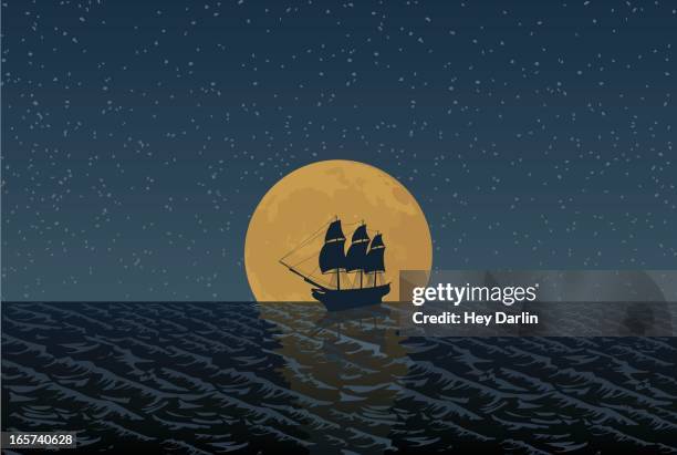 ilustraciones, imágenes clip art, dibujos animados e iconos de stock de luna llena de envío - tall ship