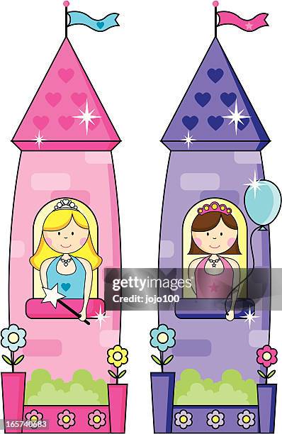ilustraciones, imágenes clip art, dibujos animados e iconos de stock de dos sweet princesses en su colorido corazón de azulejos towers. - rapunzel
