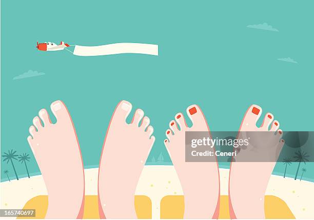 ilustrações, clipart, desenhos animados e ícones de férias de verão: casal relaxando na praia como avião voa pela - pé humano