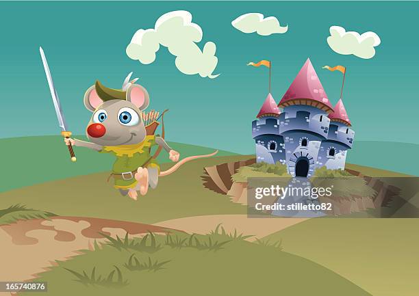 mouse robin hood & castle - jumping castle stock illustrations