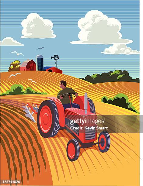 ilustrações, clipart, desenhos animados e ícones de trator ploughing field - tractor