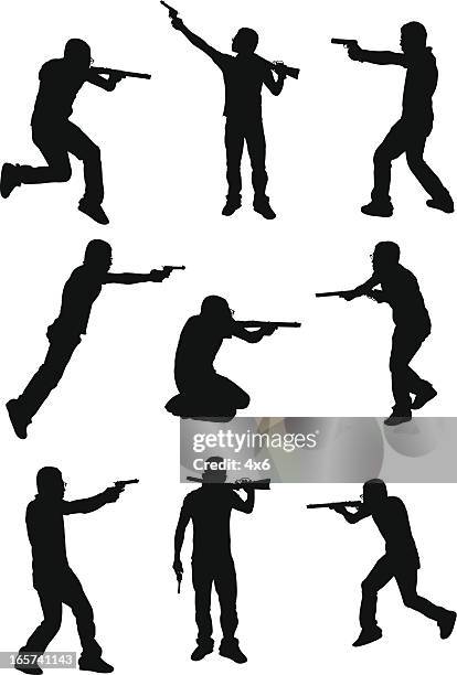 men with guns action gun play - holding pistol stock illustrations