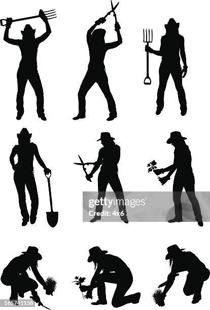 cowgirl using her gardening tools - holding fork stock illustrations