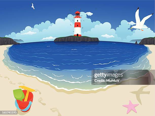 illustrazioni stock, clip art, cartoni animati e icone di tendenza di spiaggia isola faro & versione completa - secchio di sabbia