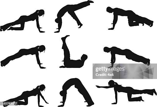 men and women holding yoga positions - lying on back exercise stock illustrations