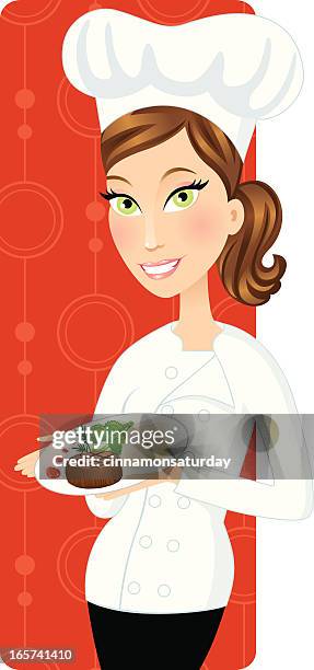 brunette chefkoch mit gourmet-mahlzeit - pretty brunette woman cartoon stock-grafiken, -clipart, -cartoons und -symbole