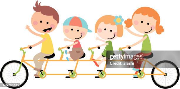 ilustrações de stock, clip art, desenhos animados e ícones de cute feliz família ciclismo em bicicleta tandem - family cycling