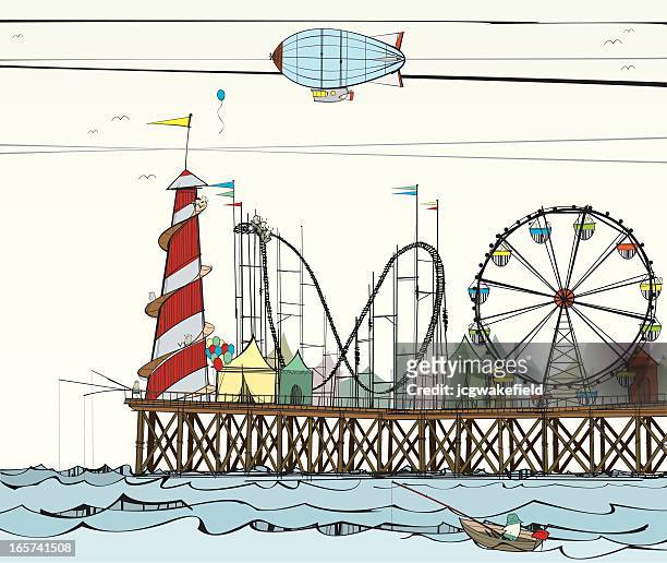 stockillustraties, clipart, cartoons en iconen met old pier with fairground attractions - reuzenrad