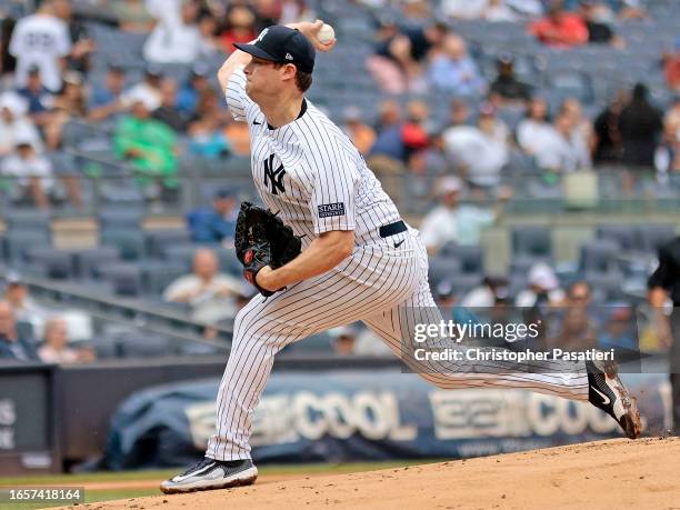 Gerrit Cole of the New York Yankees pitches during the game against the Milwaukee Brewers at Yankee Stadium on September 10, 2023 in the Bronx...