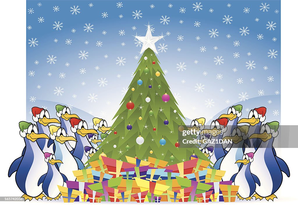 Penguins with Christmas Tree and Gifts
