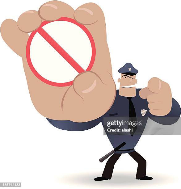 polizisten, die ein verbot "und zeigt auf sie - datenschutz grundverordnung stock-grafiken, -clipart, -cartoons und -symbole