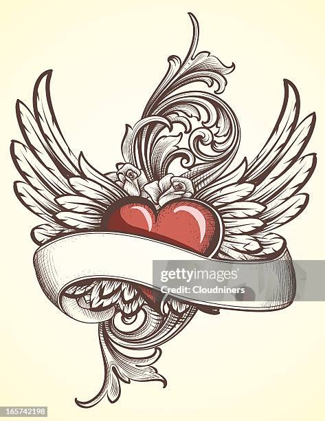 ilustrações, clipart, desenhos animados e ícones de winged coração com role tatuagem - tattoo designs hearts