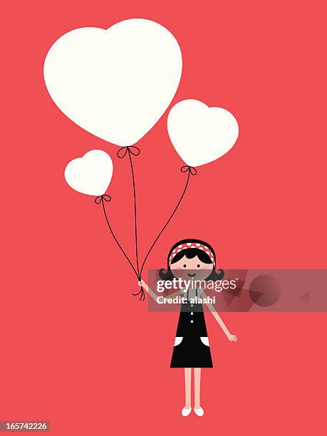 cute girl holding love heart balloon - balloon girl stock illustrations