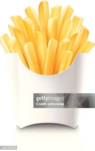 french fries in blank white cardboard container - fries stock illustrations