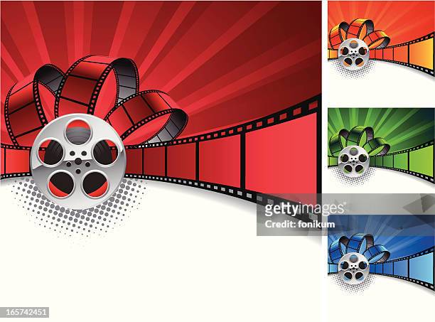film reel on the red background - movie reel background stock illustrations