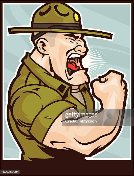 drill sergeant flexing - sergente stock illustrations
