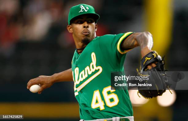 Luis Medina of the Oakland Athletics pitches against the Texas Rangers during the first inning at Globe Life Field on September 10, 2023 in...