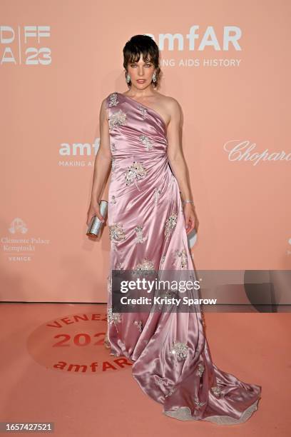 Milla Jovovich attends the amfAR Gala Venezia 2023 presented by Mastercard and Red Sea International Film Festival on September 03, 2023 in Venice,...