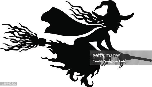 scary witch silhouette - witch flying on broom stock illustrations