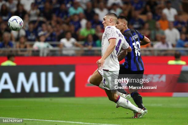 Lautaro Martínez of Inter Milan scores the team's fourth goal during the Serie A TIM match between FC Internazionale and ACF Fiorentina at Stadio...