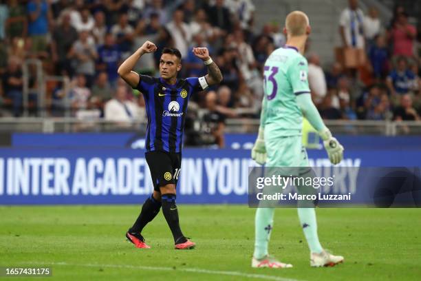 Lautaro Martínez of Inter Milan celebrates after scoring the team's fourth goal during the Serie A TIM match between FC Internazionale and ACF...