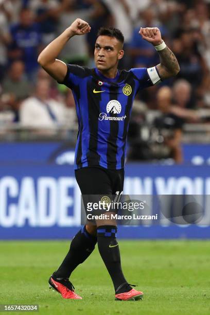 Lautaro Martínez of Inter Milan celebrates after scoring the team's fourth goal during the Serie A TIM match between FC Internazionale and ACF...