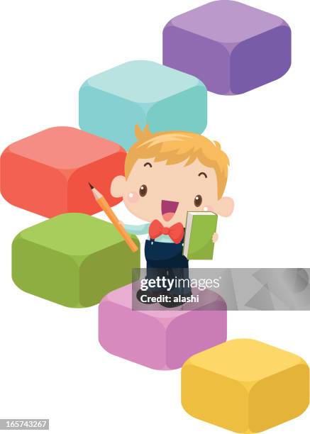 education concept: kid holding pencil and book on learning step - reading and writing icon stock illustrations