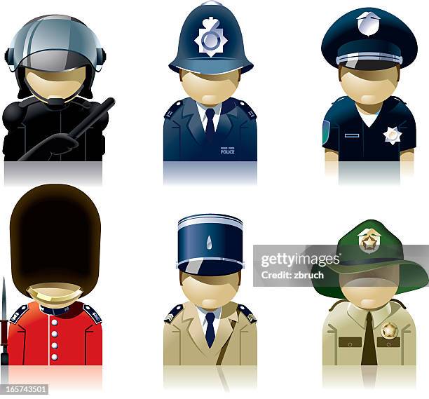icon set von verschiedenen polizisten - british royal guard stock-grafiken, -clipart, -cartoons und -symbole