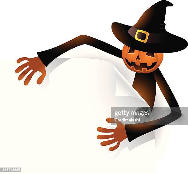 scary pumpkin jack o' lantern holding white blank sign - cheesy grin stock illustrations