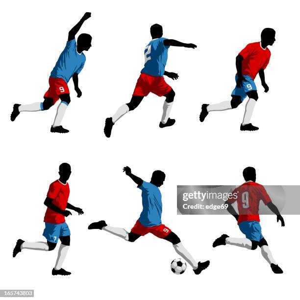 six silhouettes of soccer players - soccer player stock illustrations