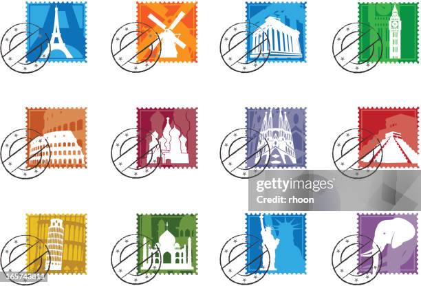 landmark stamps icon set - kremlin stock illustrations