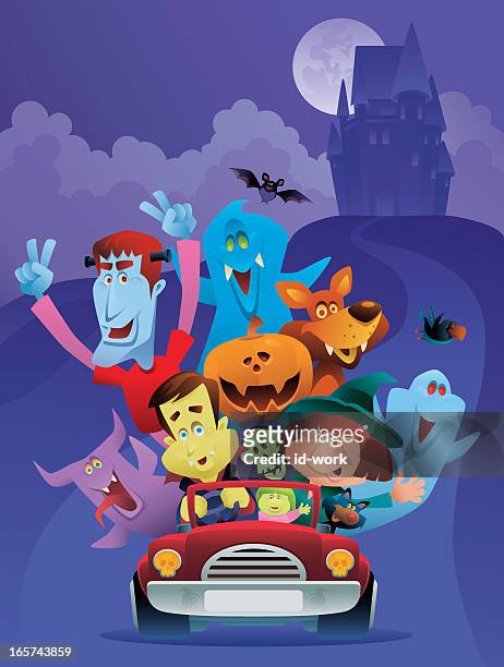 ilustraciones, imágenes clip art, dibujos animados e iconos de stock de happy halloween - castillo estructura de edificio
